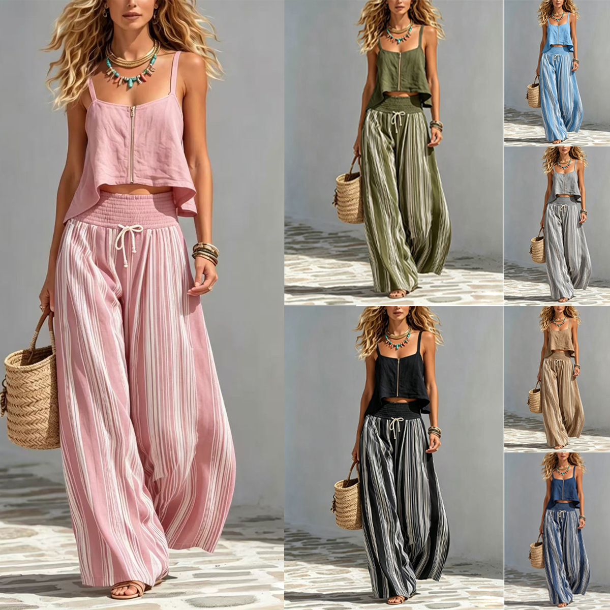 Women's Boho Striped Zip Cami Top & Wide-Leg Pants Set