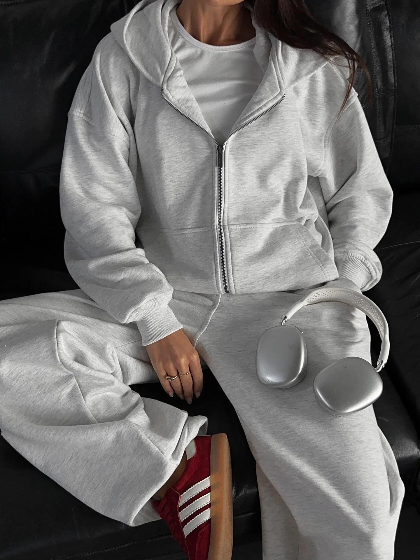 Women's Casual Hooded Long Sleeve Cardigan & Pants Two-Piece Set Solid Color