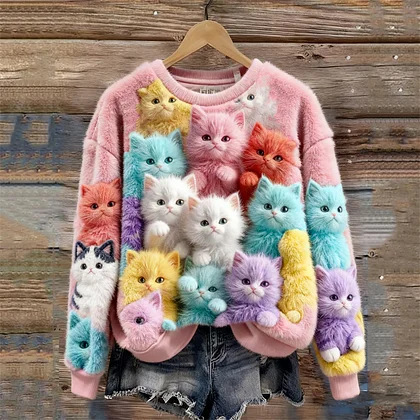 Women's Cute Cat Print Crewneck Sweatshirt