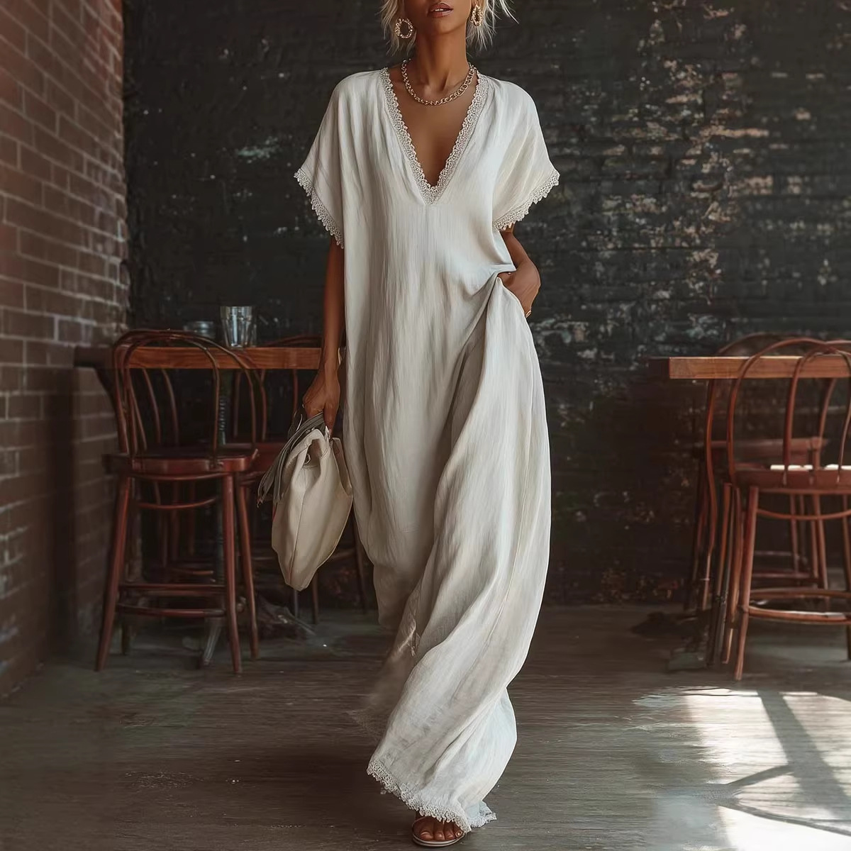 Women's Lace Trim Loose Linen Cotton Long Dress