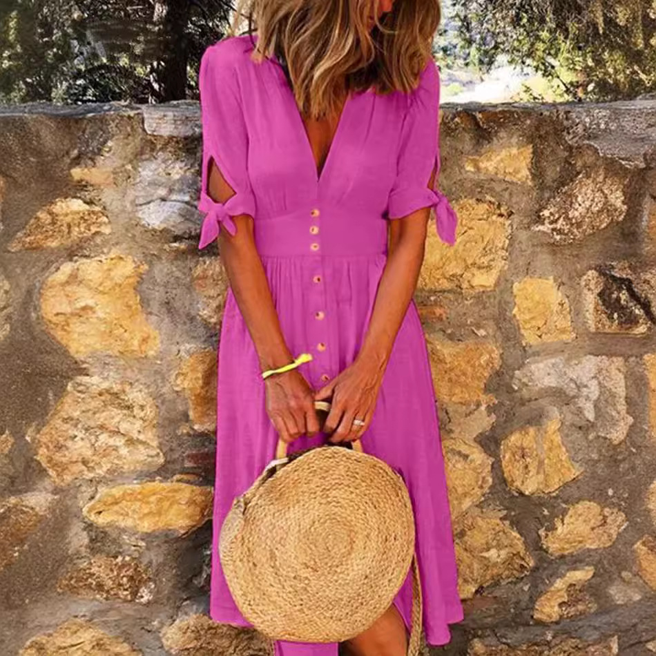 Short Sleeve V-Neck Tie-Waist A-Line Maxi Dress with Button Detail