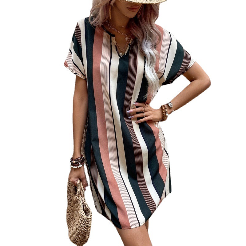 Striped Short Sleeve Half-Open Neck A-Line Midi Dress