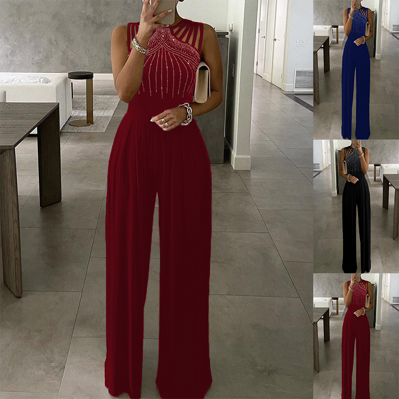 Women's Sleeveless Jumpsuit with Rhinestone Accents, Solid Color, Slim Fit, Long Pants
