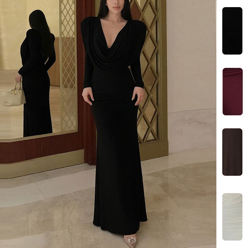 Women's Elegant Solid Color Long Dress V-Neck Long Sleeve High Waist A-Line
