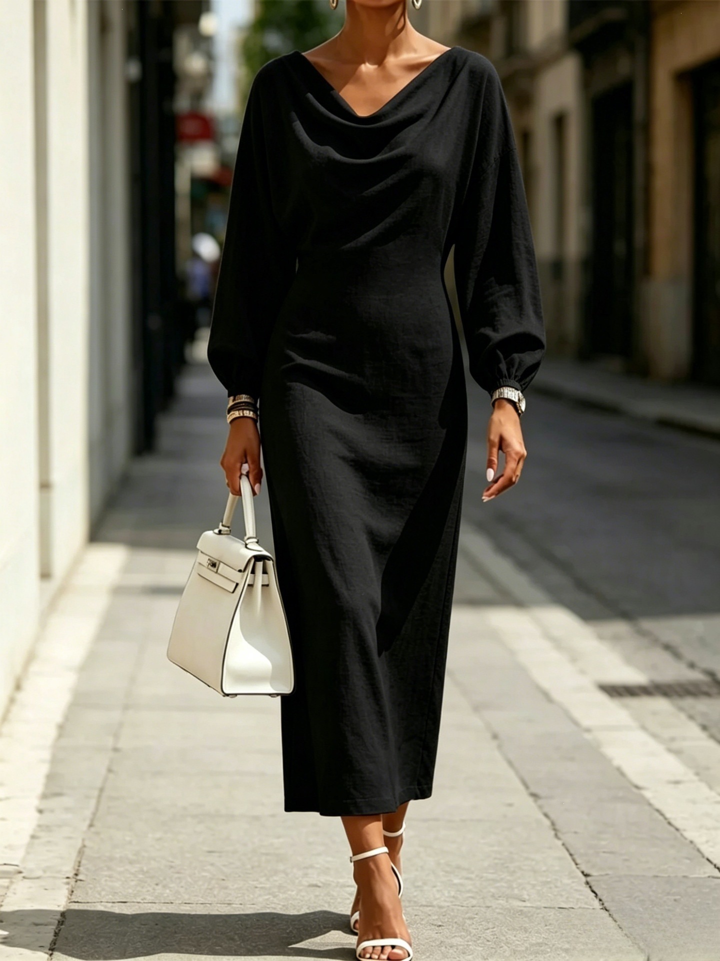 Women's Cowl Neck Lantern Sleeve Midi Dress