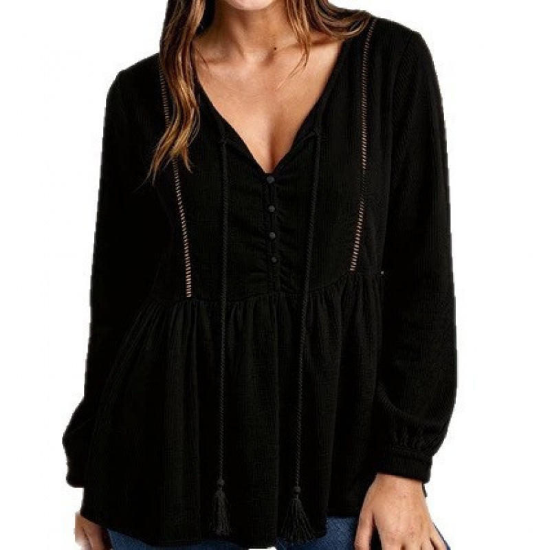 Women's V-Neck Lace Trim Long Sleeve Sweatshirt