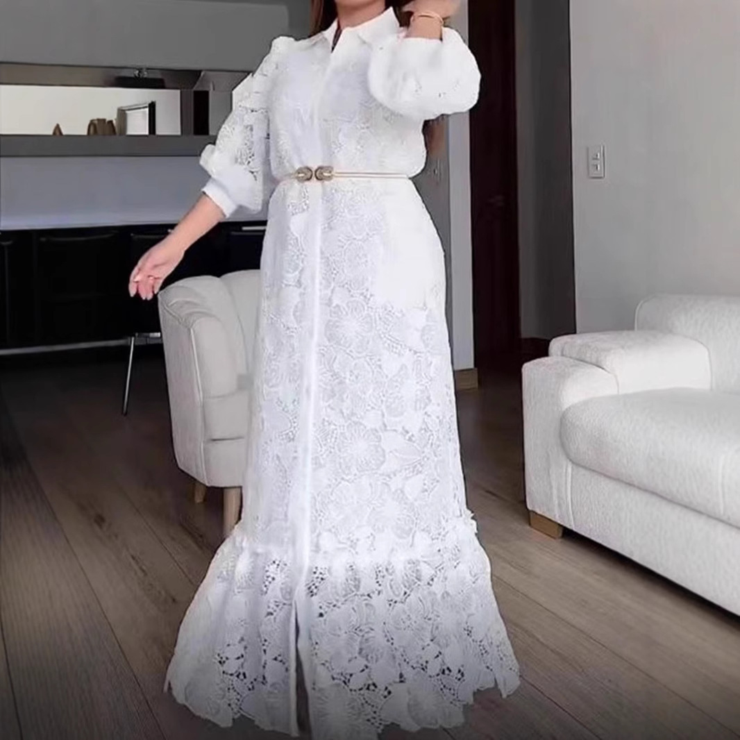 Elegant Long Sleeve Button Hollow Lace Cardigan Dress