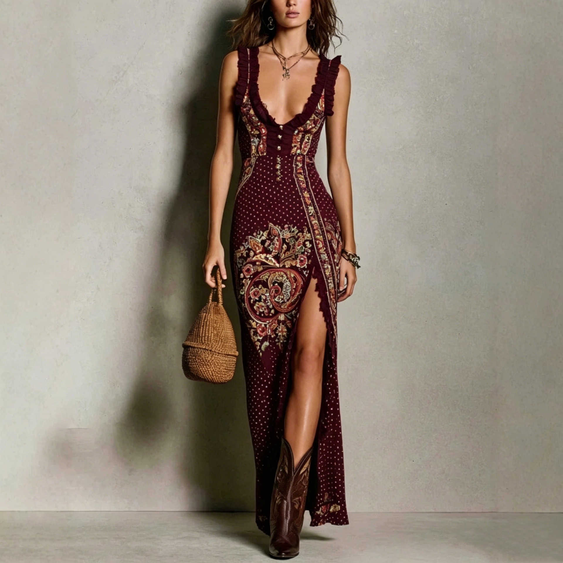 Women's Sleeveless V-Neck Digital Print Slit Long Dress