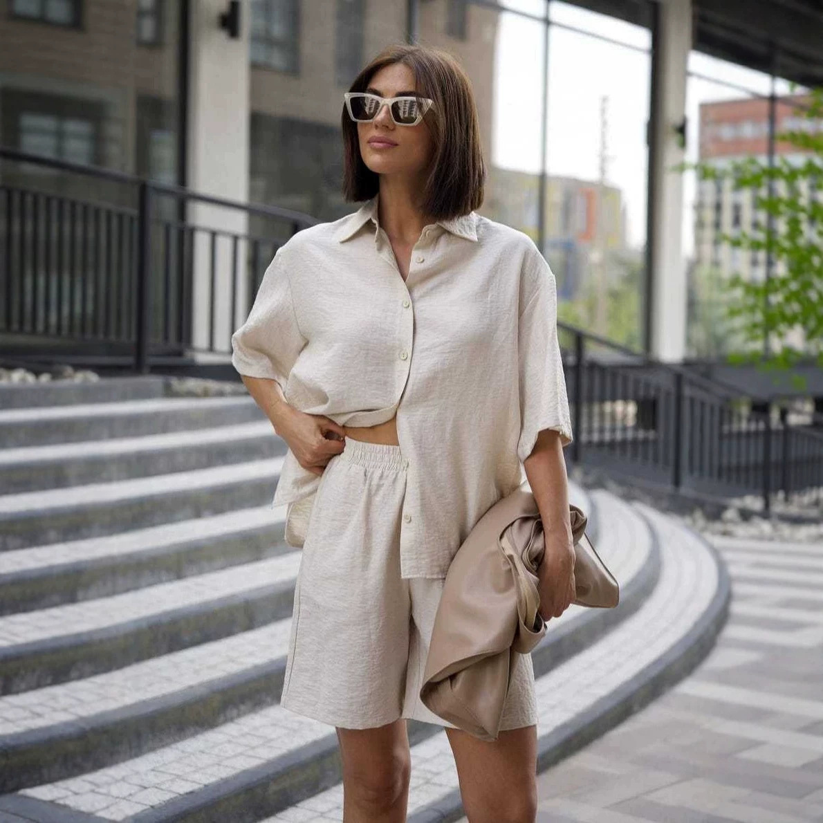 Women's Casual Shirt and Shorts Set Short Sleeve Solid Color Minimalist