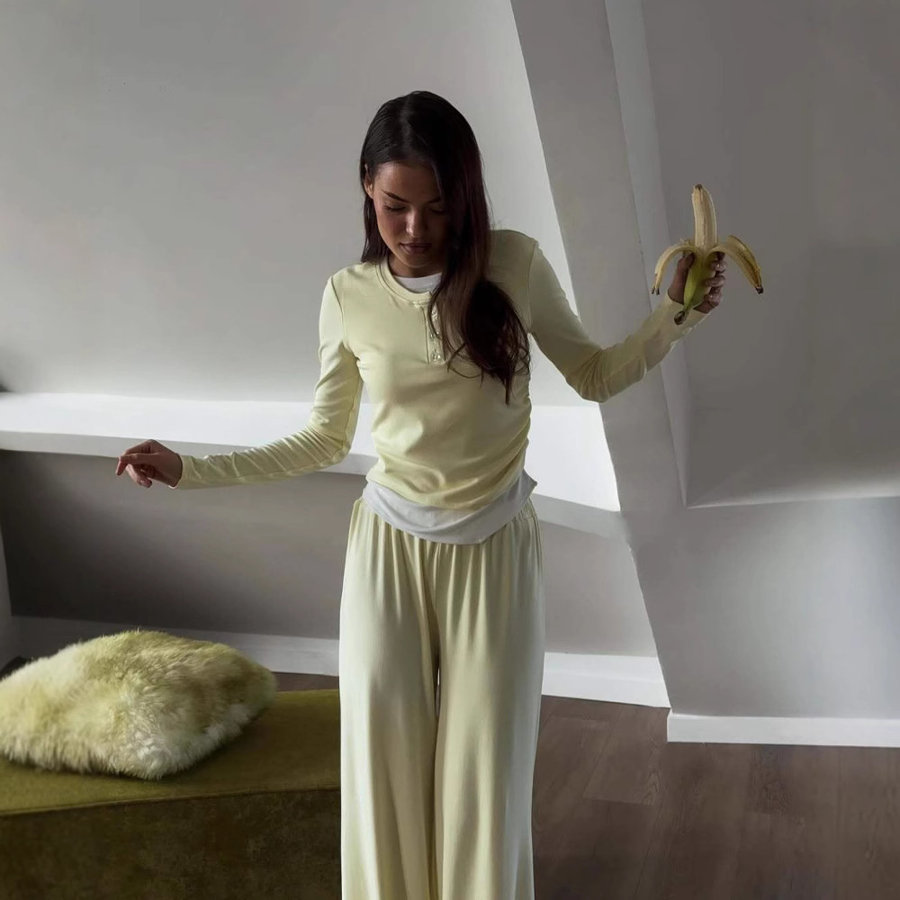 Women's Solid Color Long Sleeve Faux Two-Piece T-Shirt and Pants Set Casual Two-Piece Outfit