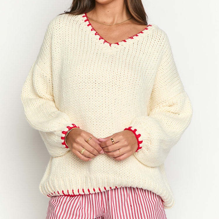Women's Off-White Lace Collar Knit Sweater Loose Drop Shoulder Top
