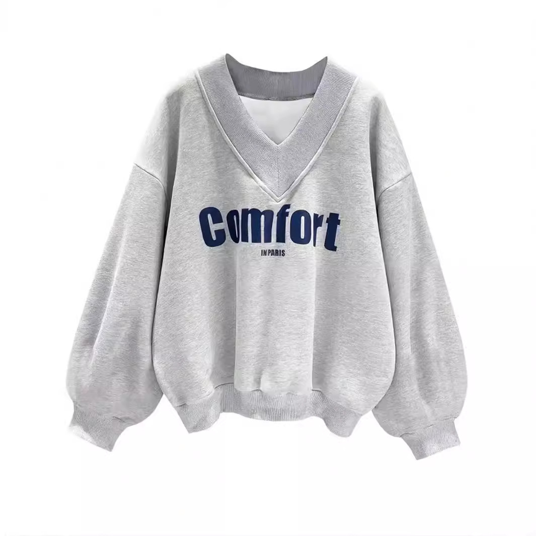 Gray V-Neck Pullover Sweatshirt Women's Loose Casual