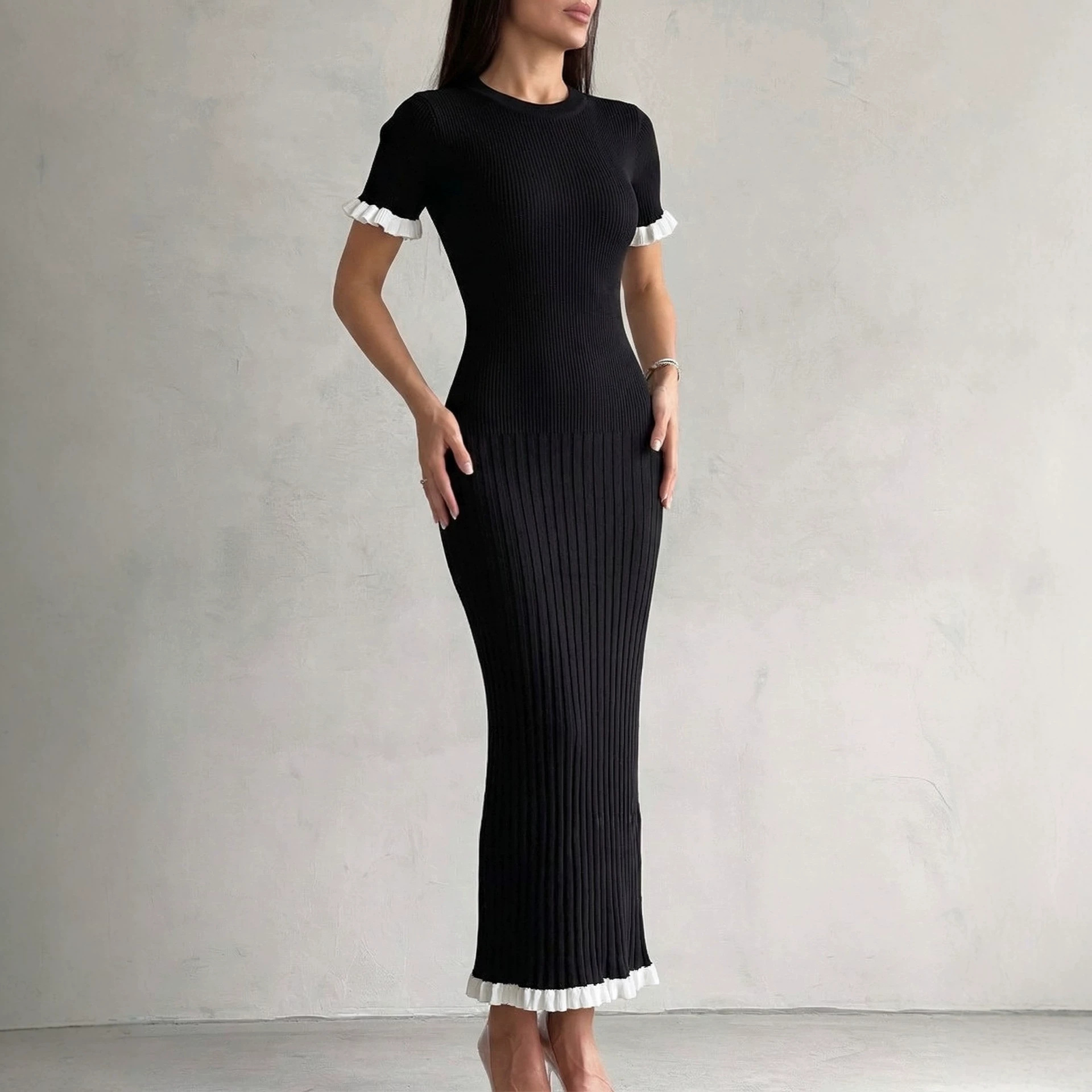 Women's Ribbed Knit Sweater Dress with Collar Button Accent and Ruffle Trim