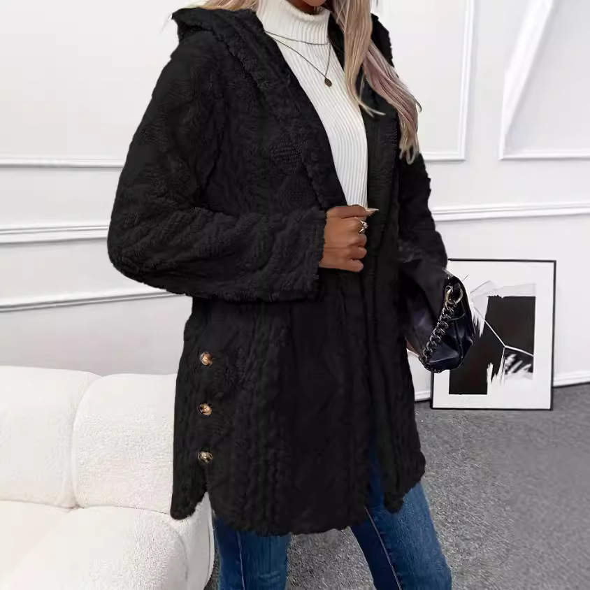 Hooded Solid Color Button-Up Long-Sleeve Cardigan