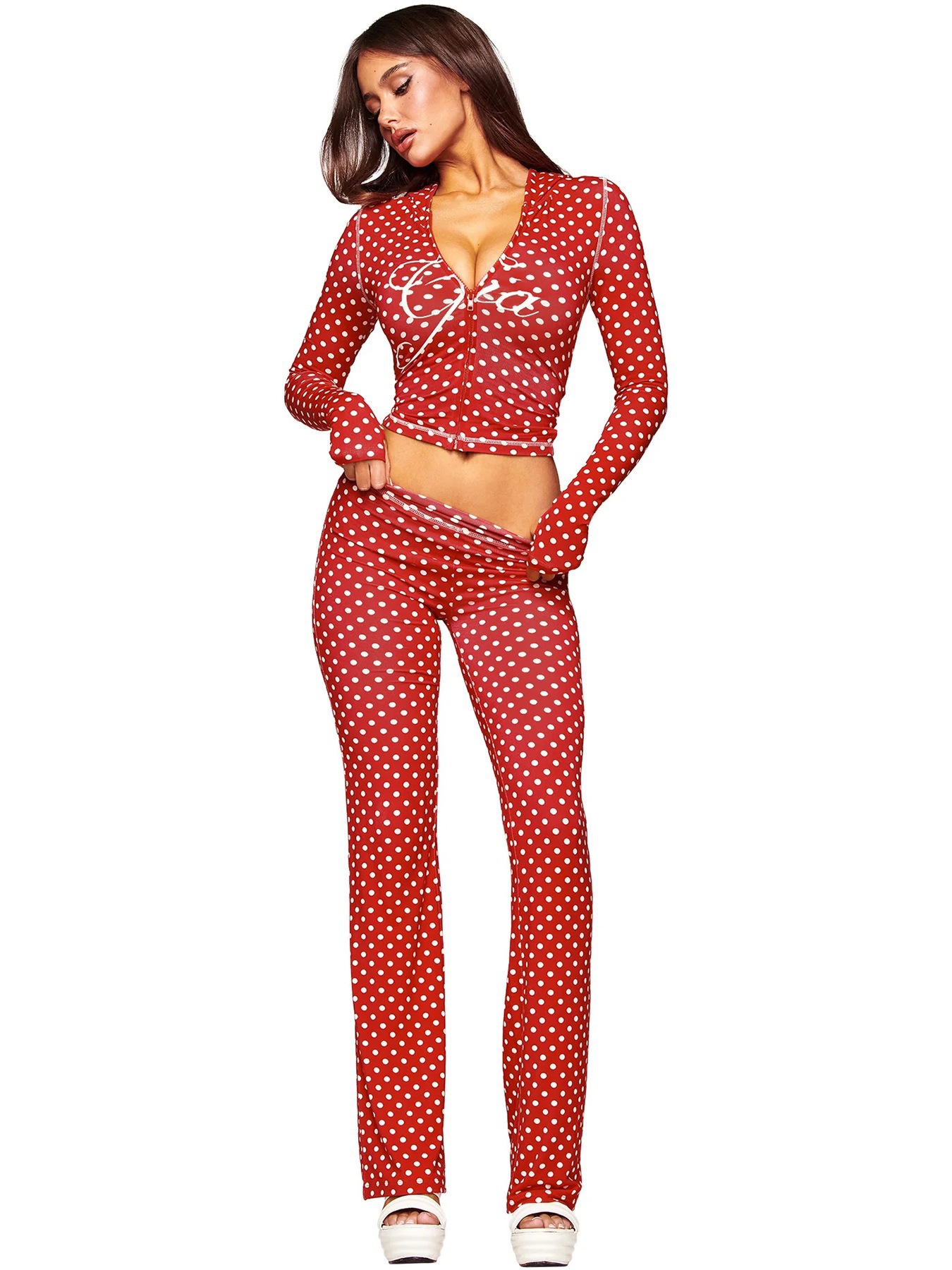 Women's Printed Hooded Long-Sleeve Thumbhole Two-Piece Set with Flared Pants