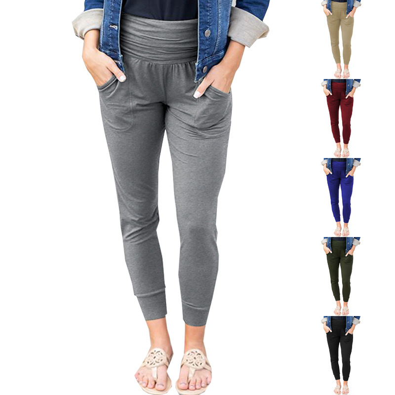 High-Waist Pleated Cropped Skinny Pants with Pockets