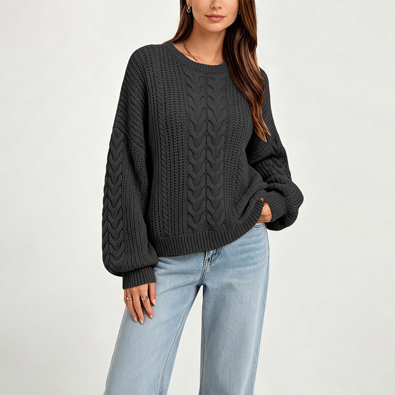 Women's Cable-Knit Crewneck Pullover Sweater Solid Color Loose Fit Long Sleeve