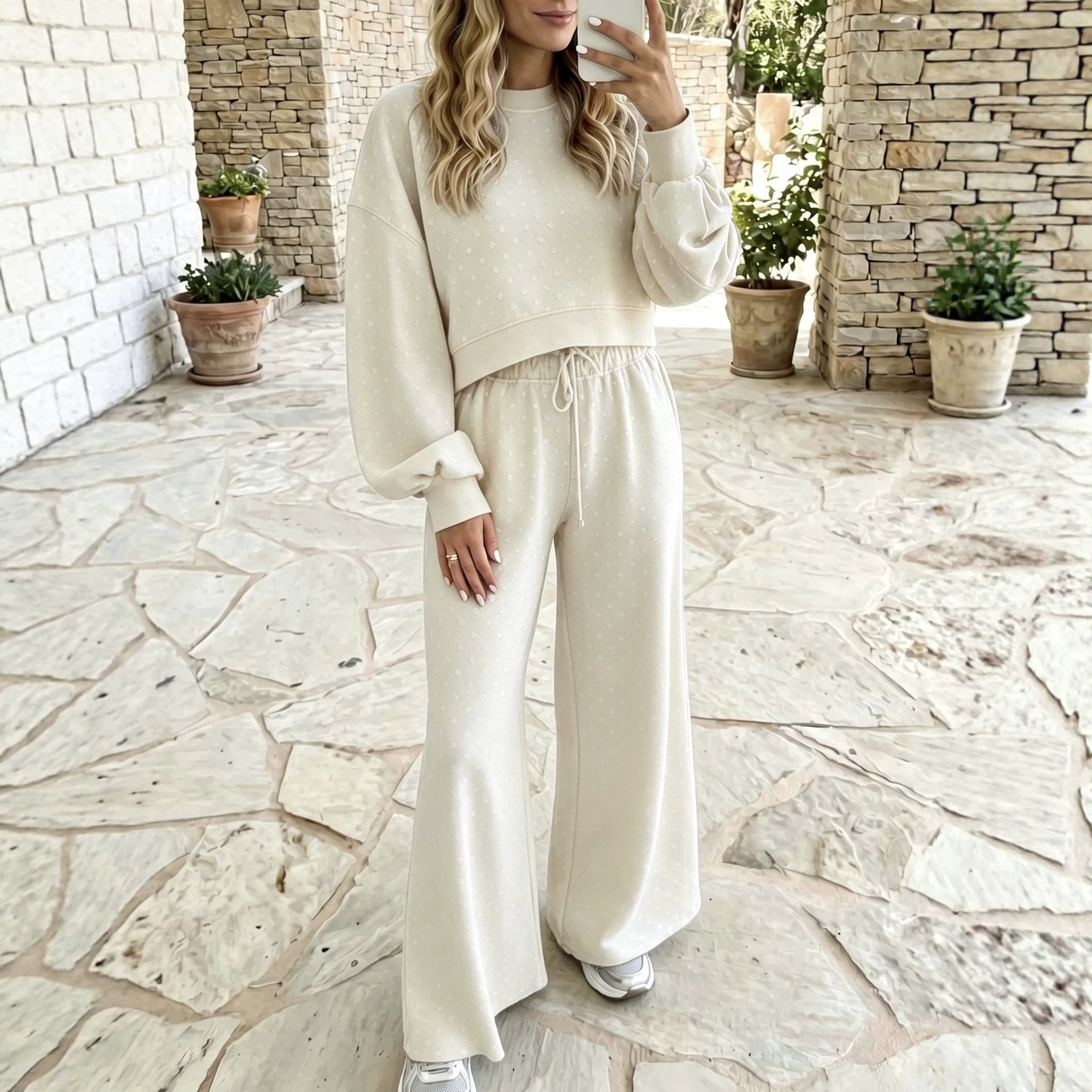 High-Waist Polka Dot Print Wide-Leg Pants Set Women