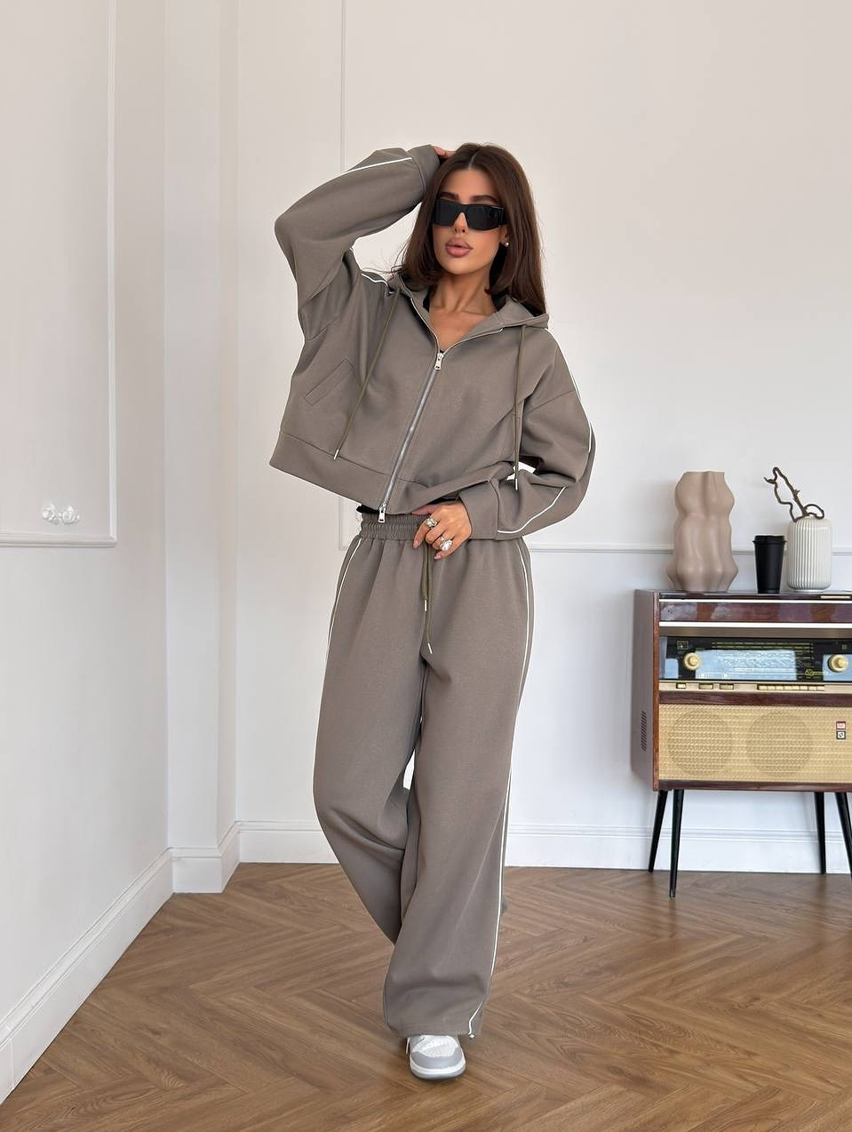 Women's Striped Two-Piece Set with Long Sleeve Zip Cardigan and Tie Pants