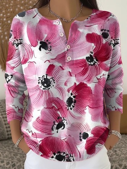 Women's Christmas Floral Print Buttoned Sweatshirt
