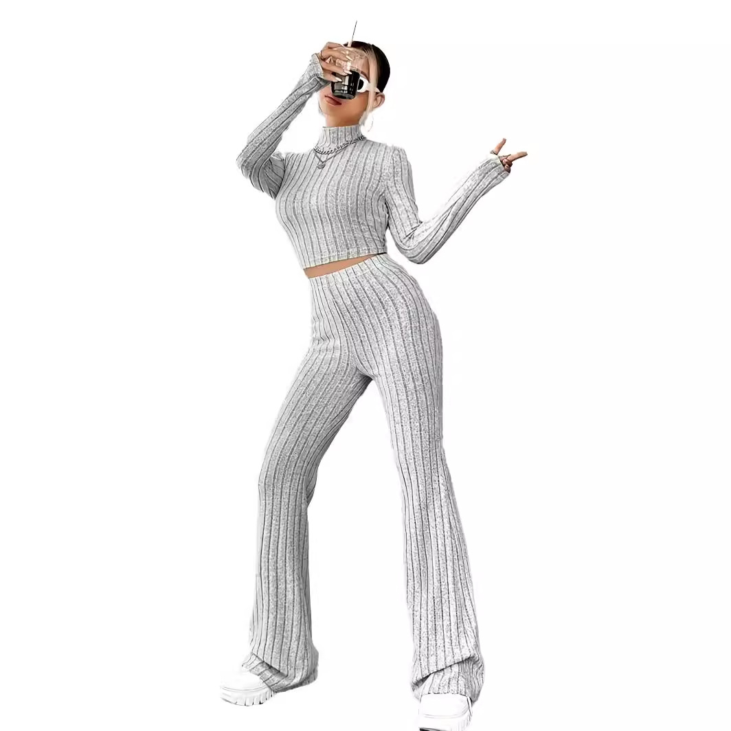Women's Knit Long Sleeve High Waist Two-Piece Pants Set