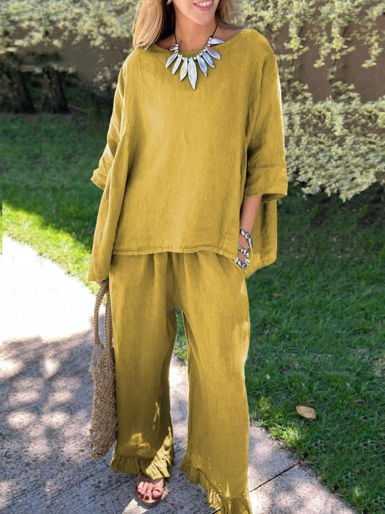Women's Cotton-Linen Two-Piece Set Casual Solid Color Long Pants Outfit