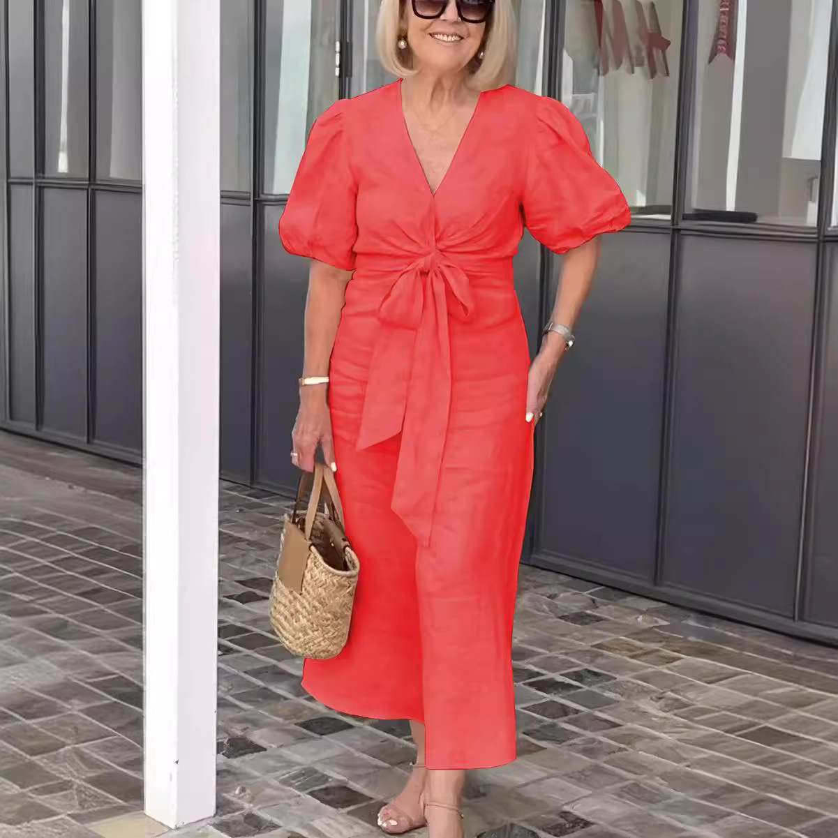 V-Neck Tie-Front Bubble Sleeve Cotton Dress