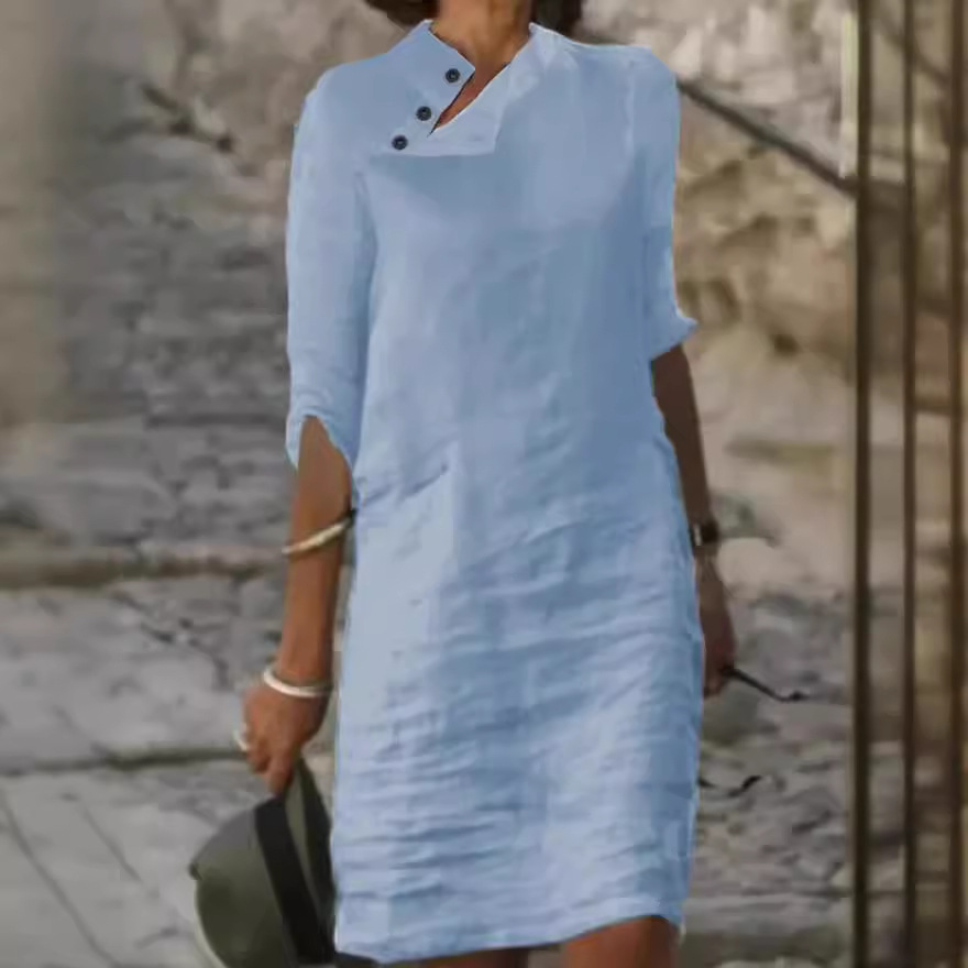 Women's Cotton Linen Button Front Stand Collar Midi Dress