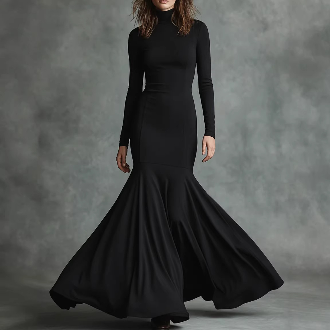 Elegant Mermaid Maxi Dress High Neck Long Sleeve Solid Color