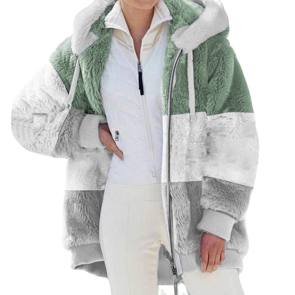 Women's Warm Fleece Color-Block Zip Hooded Loose Coat