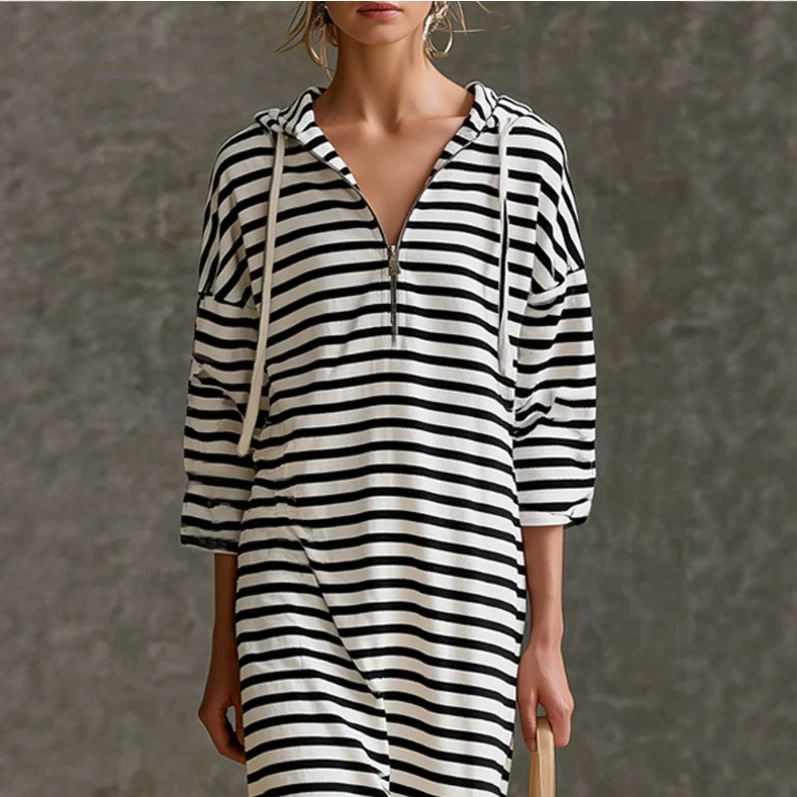 Black and White Striped Hooded Midi Dress Casual Athletic
