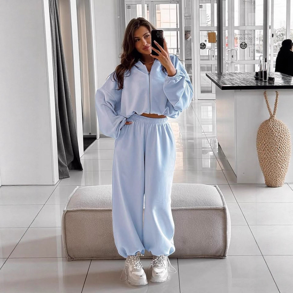 Women's Solid Color Zip-Up Hooded Cardigan & Jogger Pants Two-Piece Set