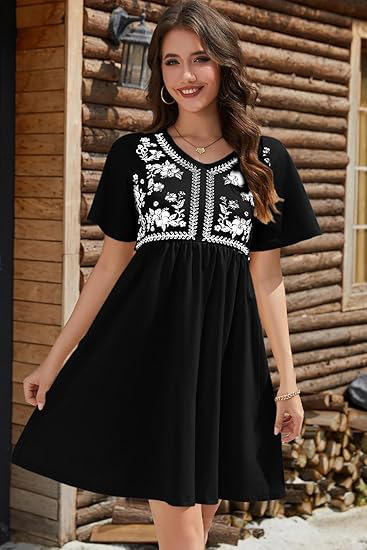 Women's Casual Loose V-Neck Printed Waist-Tie Short Sleeve Dress