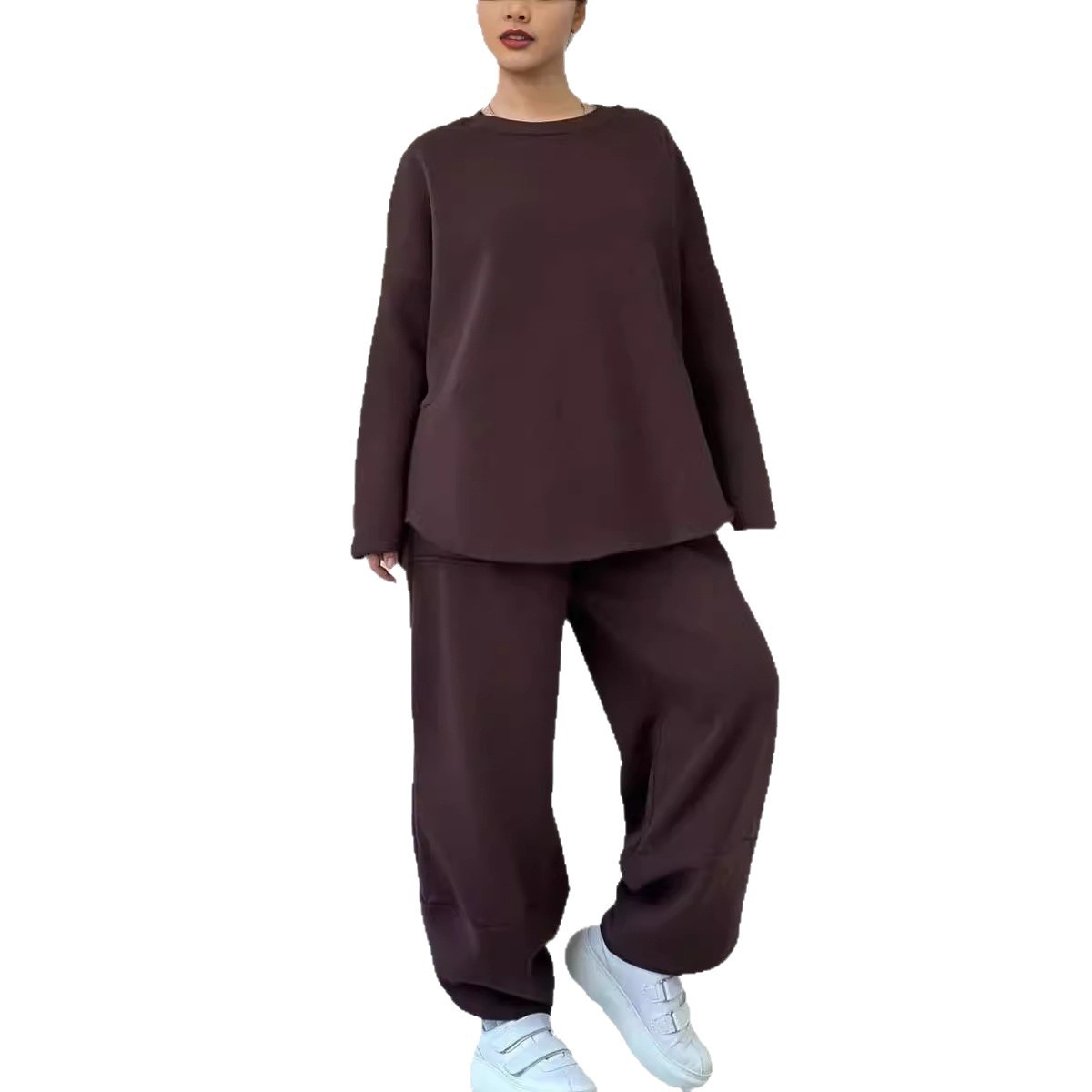 Women's Solid Color Crewneck Long Sleeve Pocket Sweatsuit Loose Fit