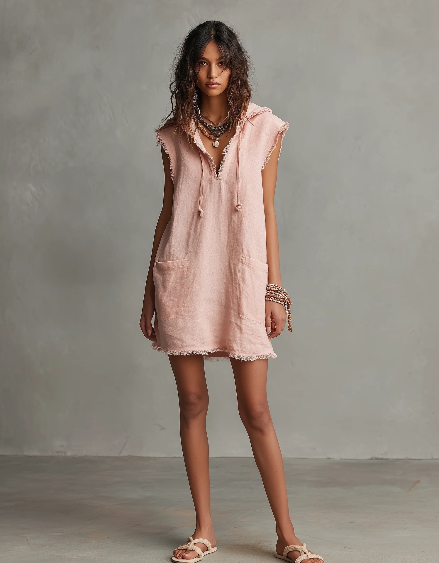Women's V-Neck Linen-Blend Sleeveless Mini Dress with Hood and Raw Hem