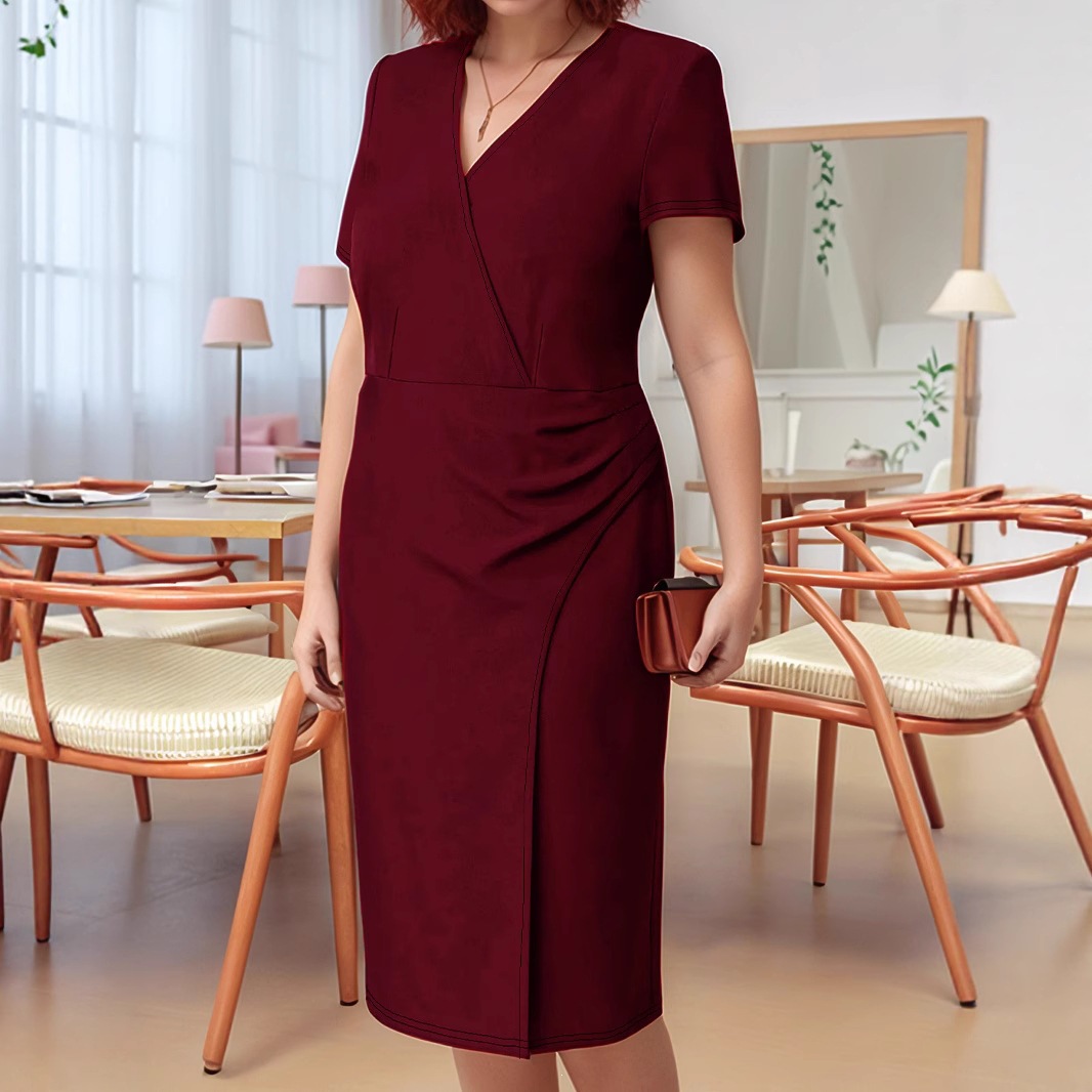 Plus Size V-Neck Slit Bodycon Dress Short Sleeve Twist Front Office Wear