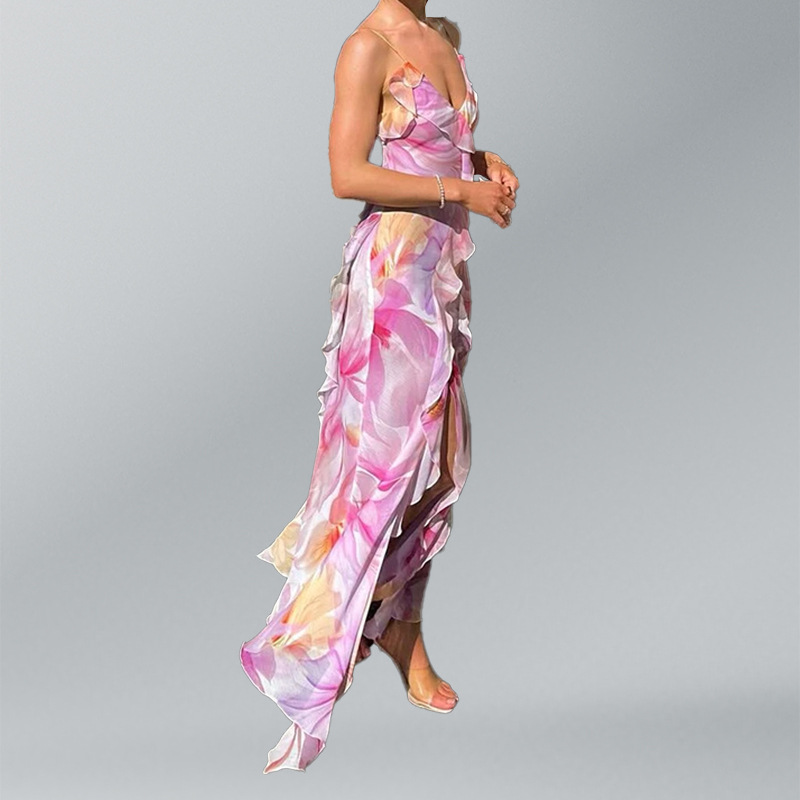 Elegant Floral Print Cami Dress with Ruffle Trim