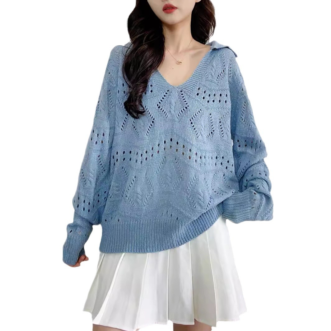 Women's Hollow-Out Polo Neck Knit Sweater Long Sleeve Loose Soft Pullover