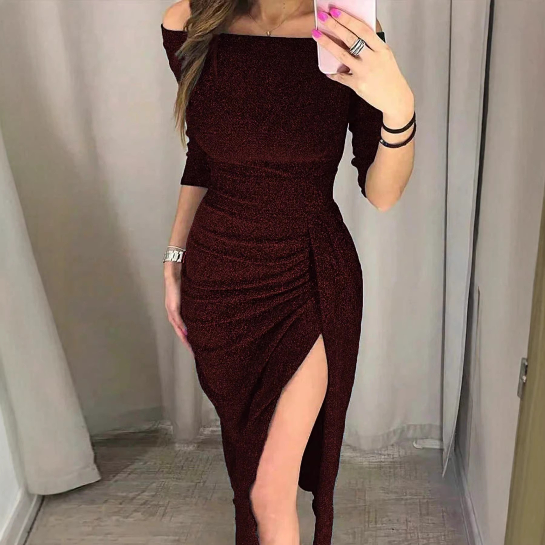 Shimmer Off-Shoulder Long Sleeve Slit Bodycon Party Dress