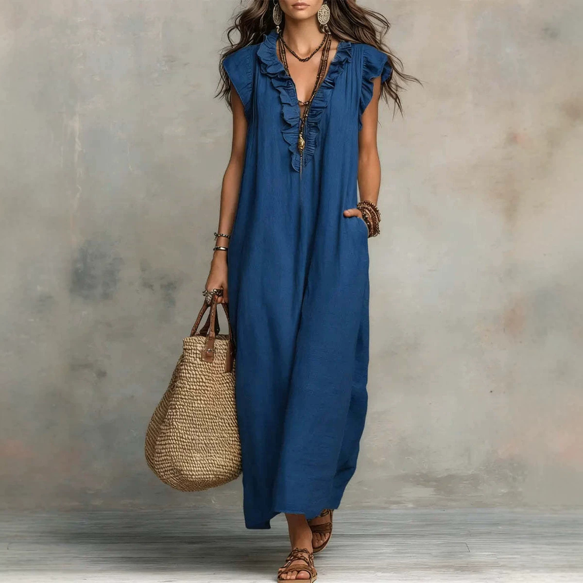 Women's Solid Ruffle Deep V-Neck Sleeveless Loose Casual Dress