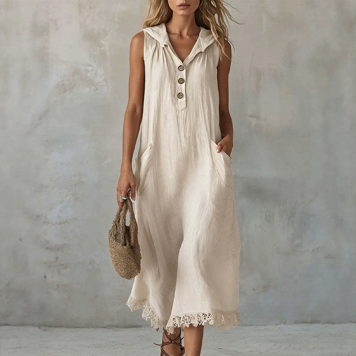 Women's Summer Hooded Dress Loose V-Neck Button Lace Trim Sleeveless Long Dress