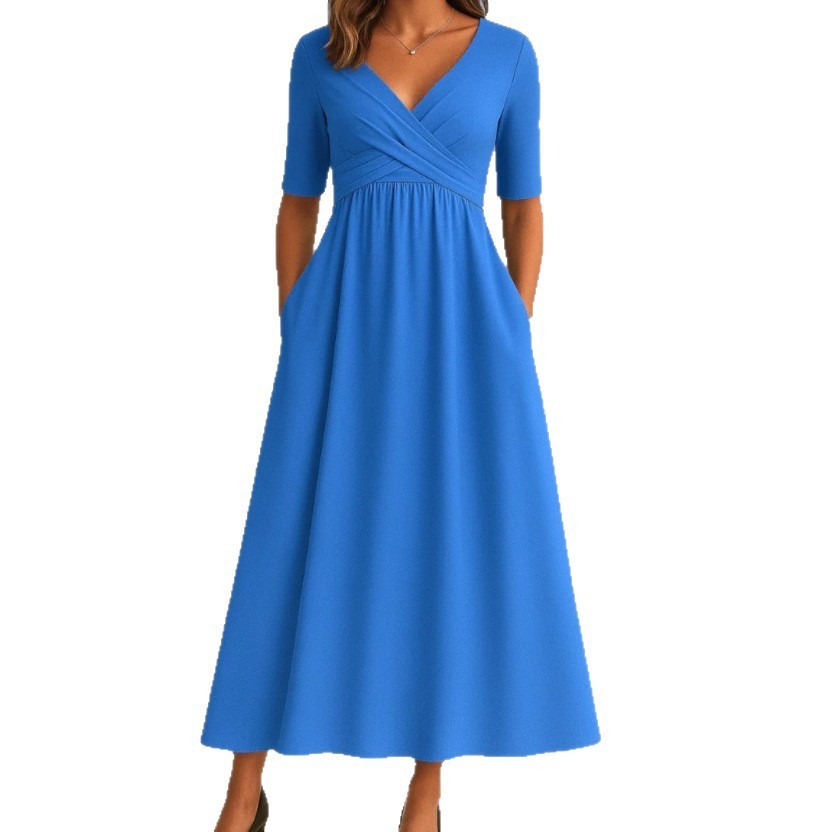 Women's Elegant Solid V-Neck Midi Sleeve Maxi Dress