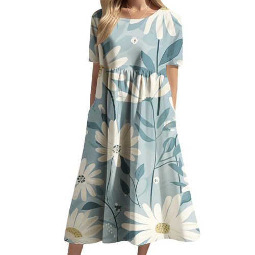 Women's Floral Print Ruched Midi Dress Short Sleeve Crew Neck