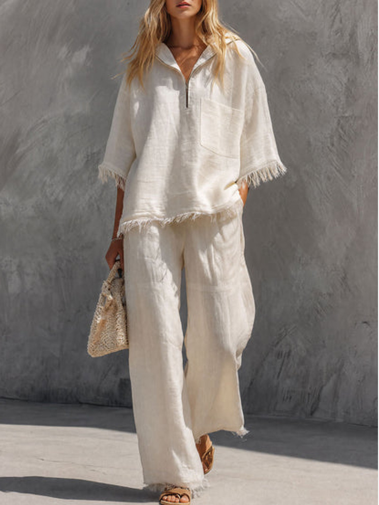 Retro Raw-Edge Fringe Half-Placket Short-Sleeve Top & Wide-Leg Pants Set