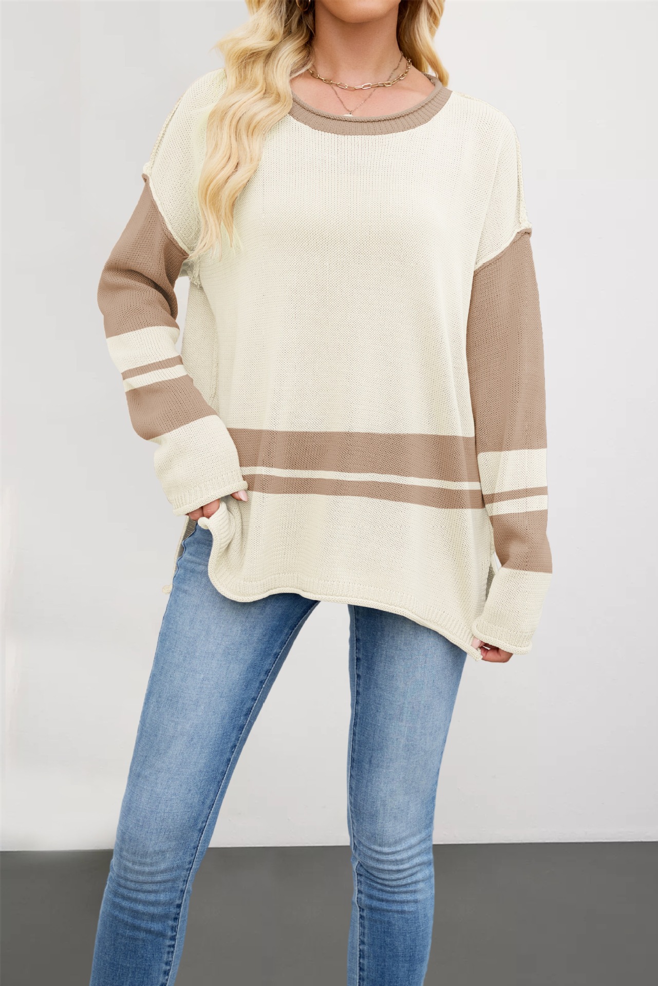 Color-Block Crewneck Knit Sweater, Loose Fit Pullover