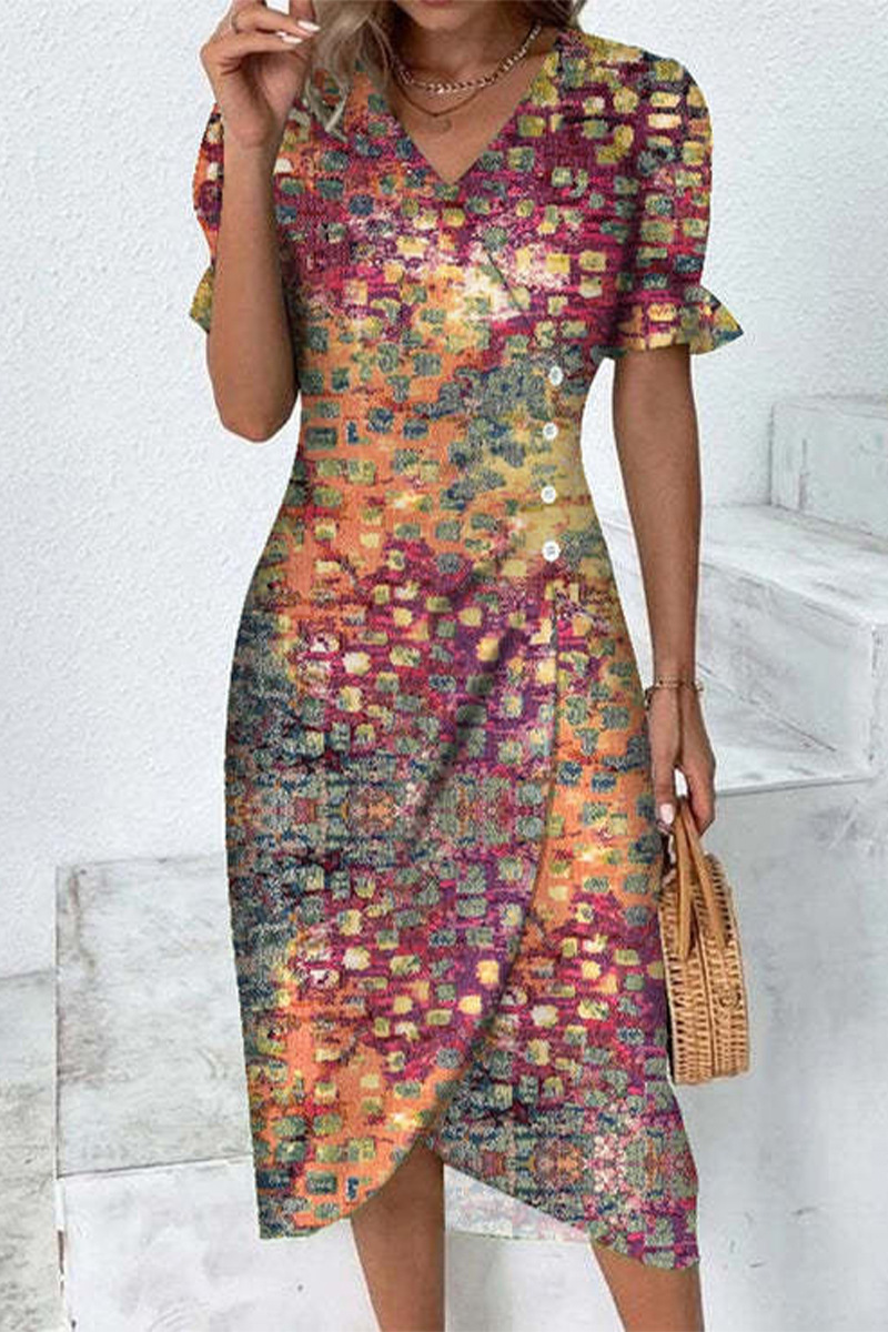 Geometric Patchwork Puff Sleeve Asymmetrical Hem Dress