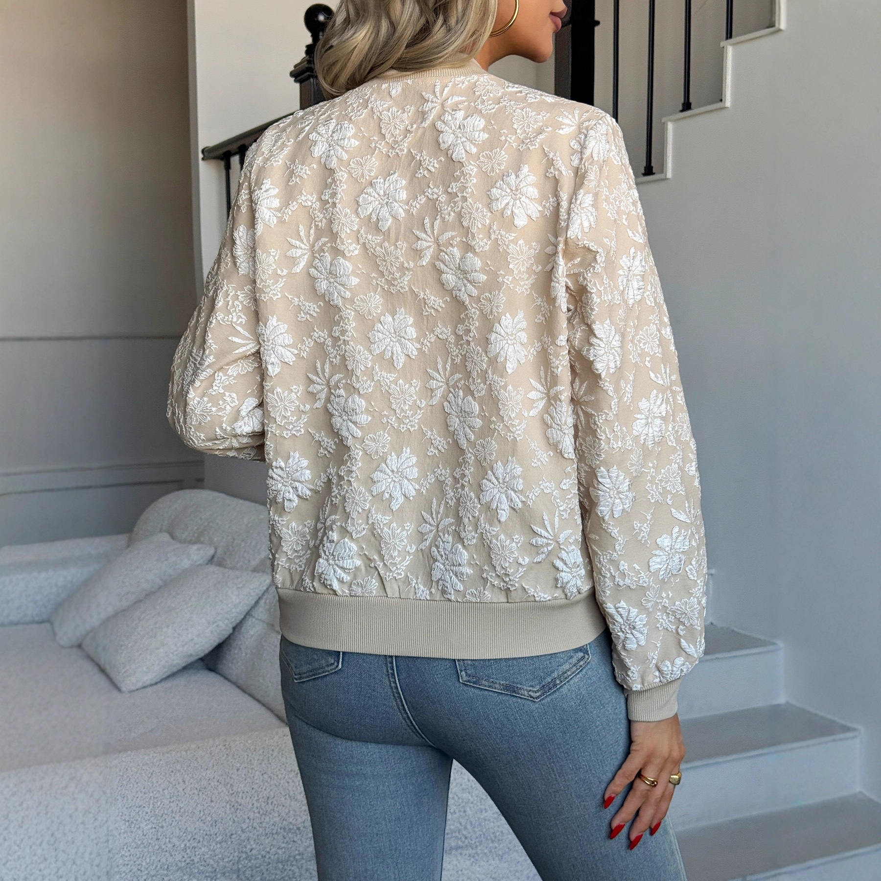 Embroidered Zip-Up Baseball Jacket, Loose Fit Casual Outerwear