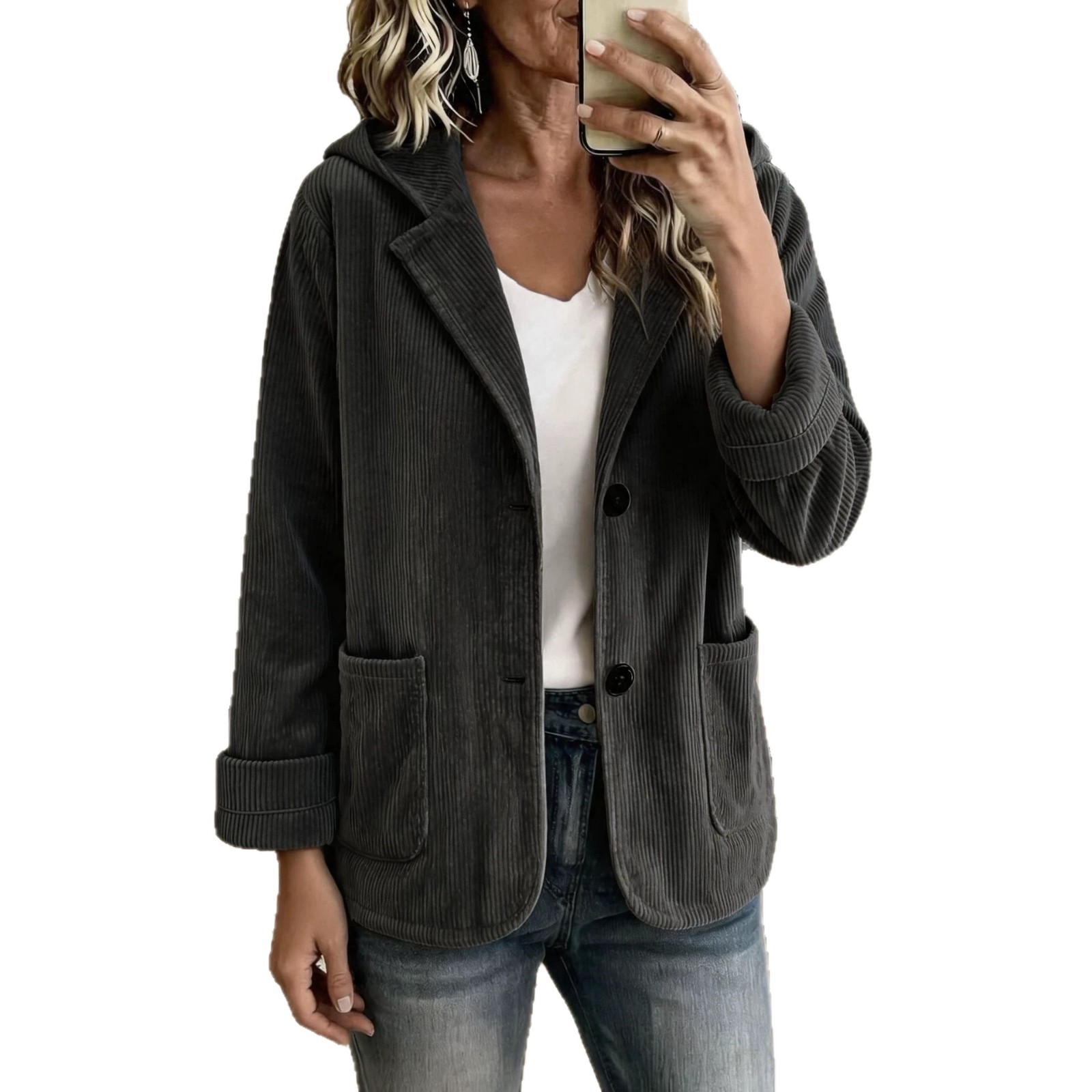 Corduroy Hooded Short Jacket with Lapel Collar