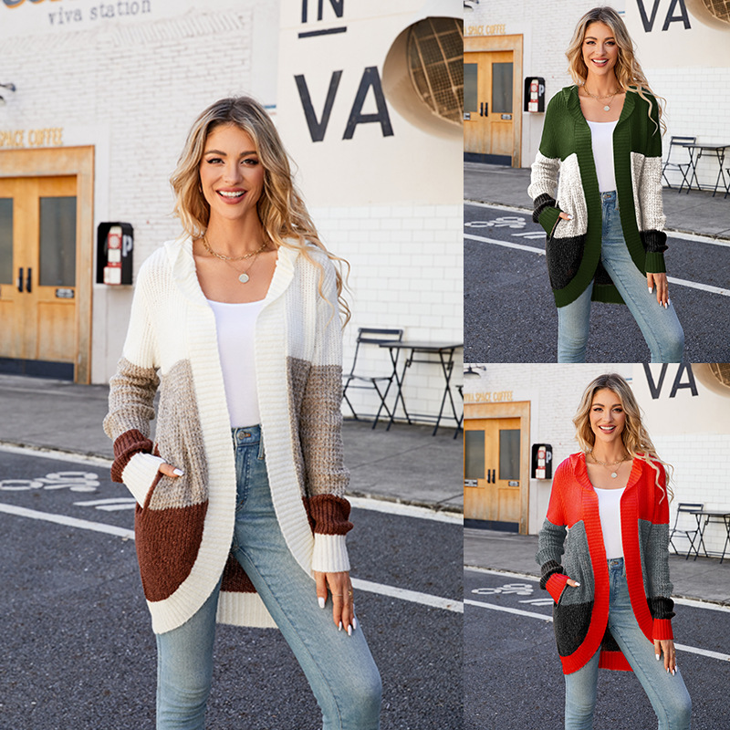 Women's Hooded Knit Cardigan Colorblock Lazy Style Mid-Length Sweater Coat
