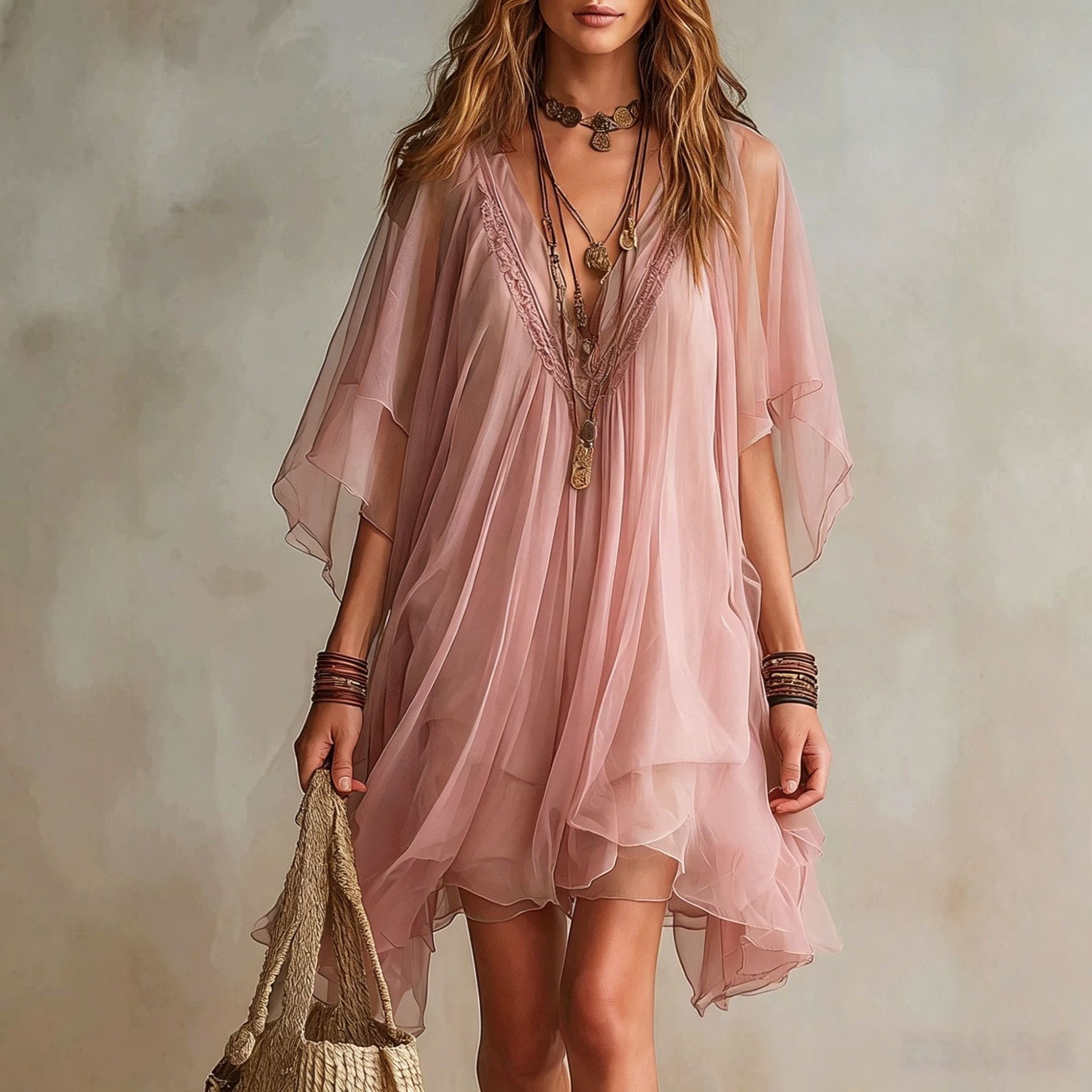 Women's V-Neck Chiffon Two-Piece Dress Set with Loose Beach Cover-Up